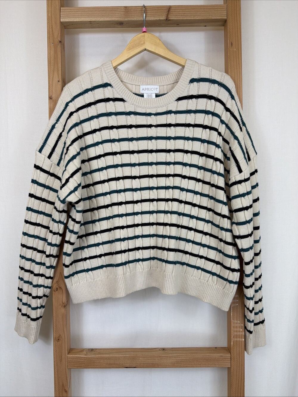 NWT Apricot Ivory Striped Long Sleeve Cropped Cable Knit Sweater #1405 Size XXL